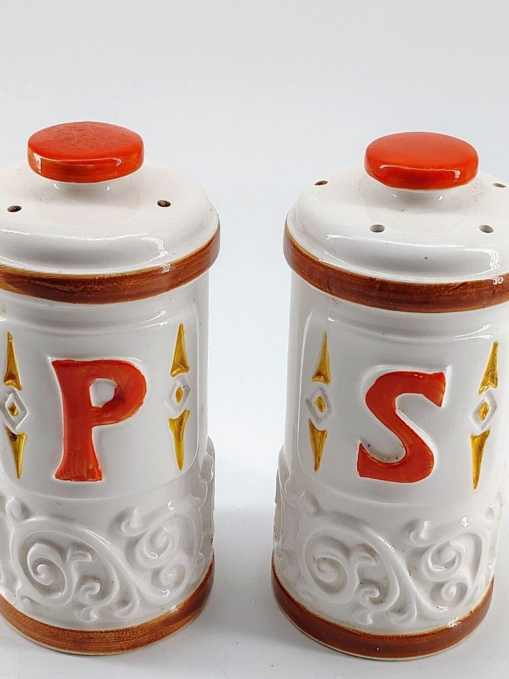 Vintage Ceramic Salt & Pepper Shakers Set Off-White Orange Brown Scroll P S